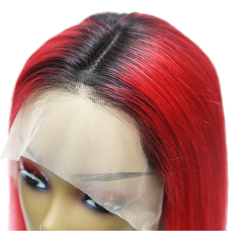 Msbeauty Lace Front Bob Straight Brazilian Red With Blakc Roots Ombre Color 14" - MSBEAUTY HAIR