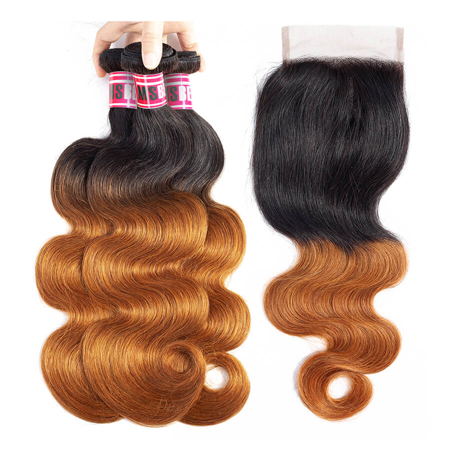 Msbeauty Body Wave T1B/30 Ombre Amber Hair Bundles 3 Pcs With 4x4 Lace Closure Free Shipping - MSBEAUTY HAIR