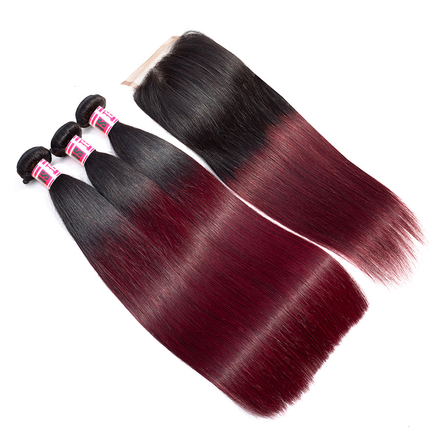 Msbeauty T1B/BUG Brazilian Straight Remy Hair 3 Pcs With 4x4 Lace Closure  99J Hair Weaves - MSBEAUTY HAIR