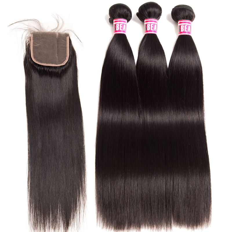 Msbeauty Brazilian Straight Hair 3 Bundles With 4x4 Lace Closure Free Part Pre Plucked  10"-28" - MSBEAUTY HAIR